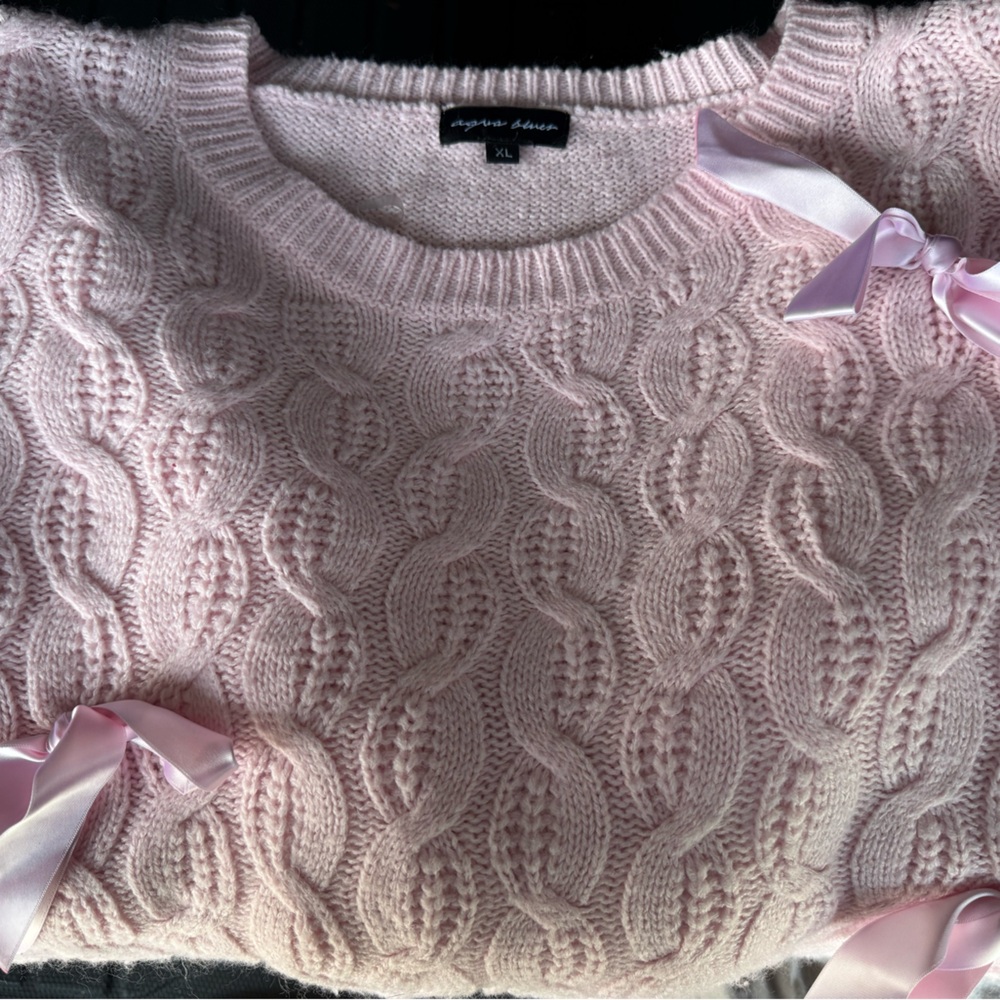 Pink Cable Knit Sweater with Ribbon Details
